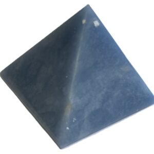 Polished natural angelite crystal pyramid2 sians emporium Polished blue angelite four sided pyramid showing natural white veining and earthy inclusions on a white background
